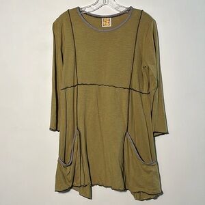 HAND JIVE Artsy Boho Chartreuse Fit & Flare Shark Bite 2 Pocket 3/4 SLV Top S